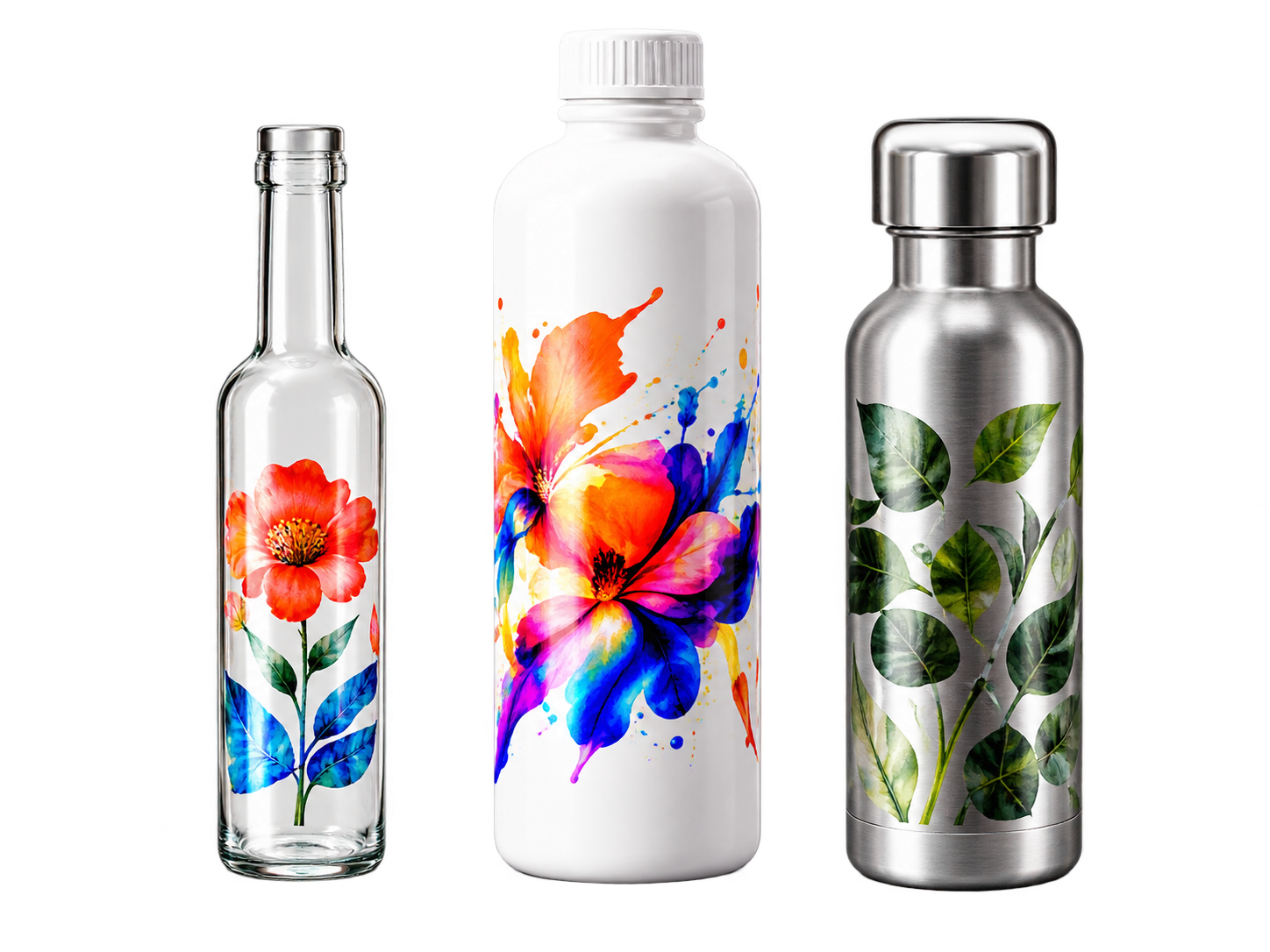 Decorated glass, plastic and metal bottles
