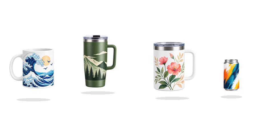 Representative M5 application group with three handled products and one supporting cylindrical can